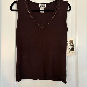 NEW Anna Gray Women Medium Beaded Knit Sleeveless Chocolate Brown Tank Top